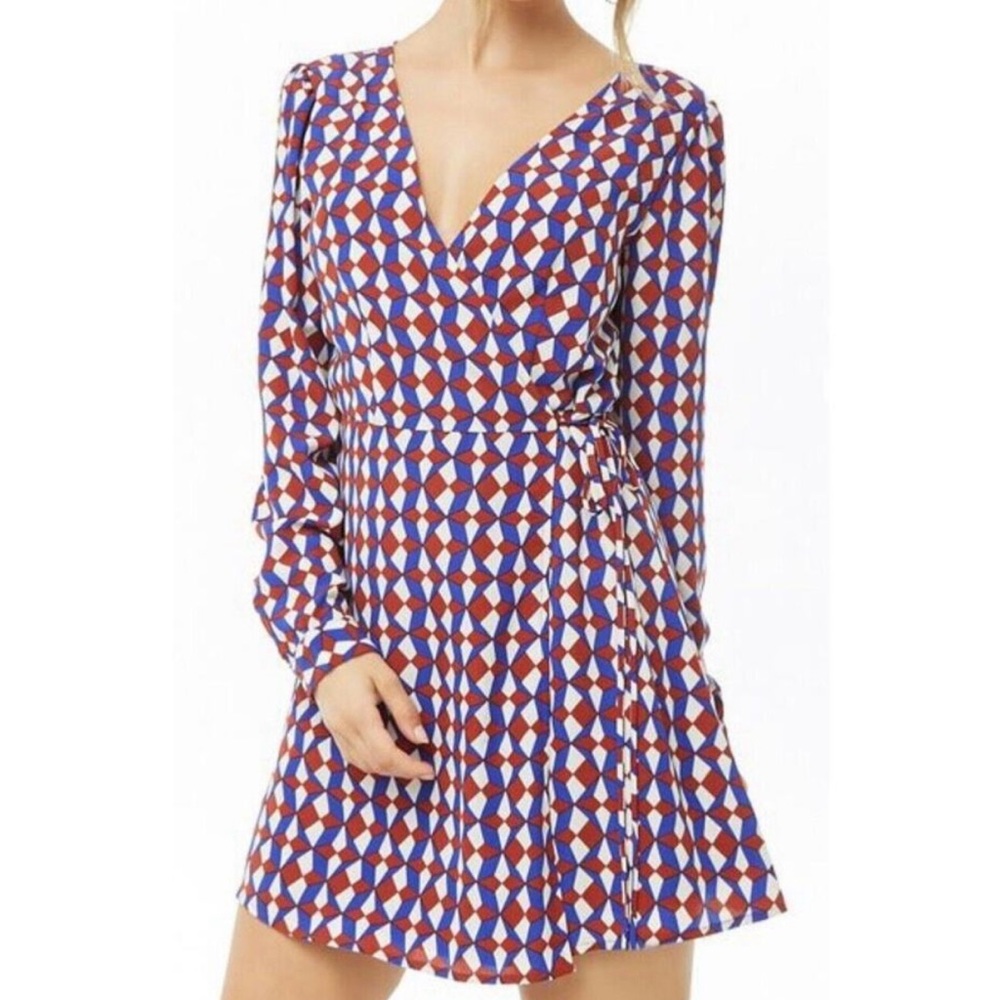 #0098- Forever 21 Dress 
red blue wrap around 
 size small